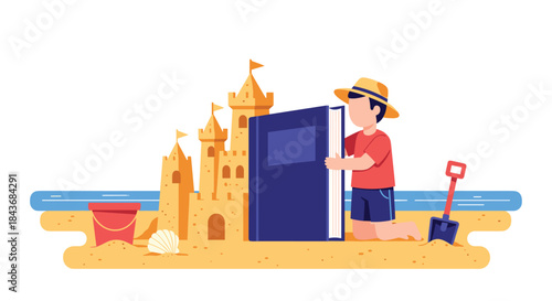 Young boy on a sandy beach creatively using a large book while building an elaborate sandcastle during summer vacation.
