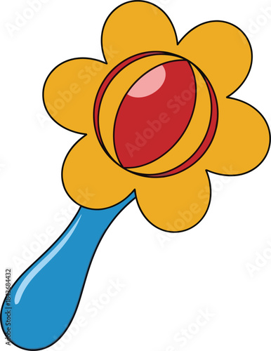 Yellow baby rattle in the shape of a flower isolated on white background