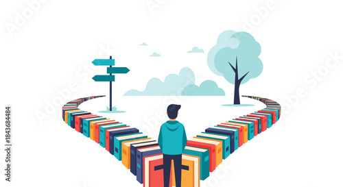 Person standing at a crossroads where the paths are made of books, symbolizing educational choices and life decisions.