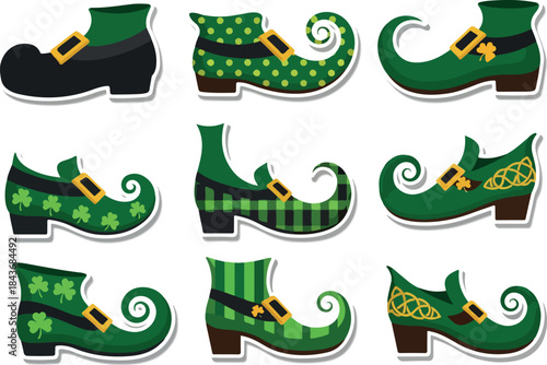 Nine stickerstyle cartoon leprechaun shoes Varied green designs with gold buckles curved toes and white outlines