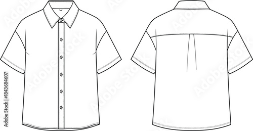 Oversized Short Sleeve Button-Up Shirt Technical Fashion Illustration, Front and Back Views, Point Collar, Dropped Shoulder, CAD Drawing Apparel Vector Template.