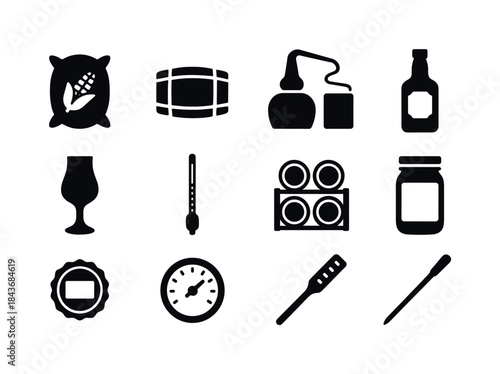 Distillery Tools Icons. Distillery products. Solid icon set of D