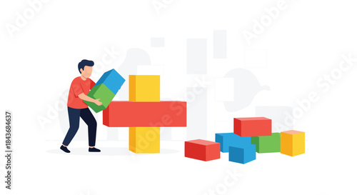 Young man constructing a large plus symbol with colorful building blocks, representing creation, addition, or problem-solving.