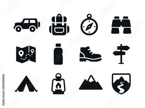 Adventure Icons Set. Adventure Tours. Solid icon set of Adventur