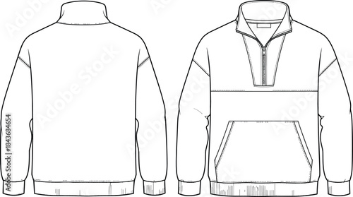 Oversized Quarter-Zip Pullover Sweatshirt Technical Fashion Illustration, Front and Back Views, Stand Collar, Raglan Sleeves, Ribbed Hem and Cuffs, CAD Drawing Vector Template.