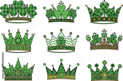 Set of nine green crowns with shamrocks and gold trim varying designs