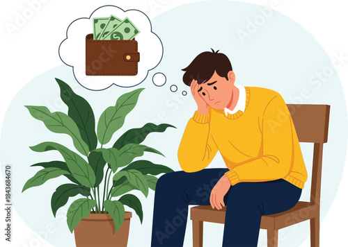 Man sitting on chair thinking about money isolated on white background