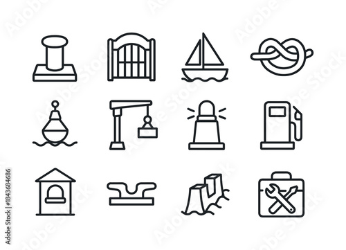 Harbor Marina Icons. Harbor and marina icons. Line icon set of h