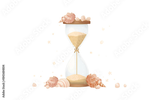 stylized hour glass with sand and seashells, accented by floating white glitter or small stars, no background svg