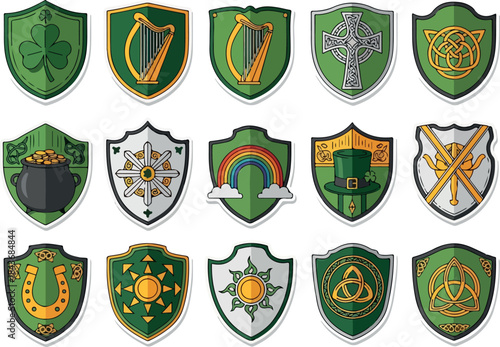 Shields emblazoned with symbols like shamrocks harps Celtic crosses and rainbows evoking Irish themes