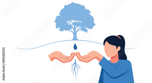 Woman observing a symbolic representation of growth and nurturing, with hands protecting a tree from its seed and roots.