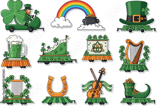 St Patricks Day parade floats with Irish symbols