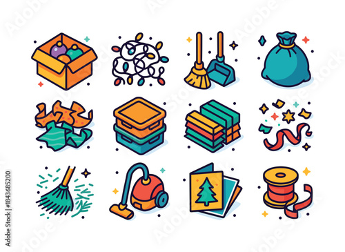 Holiday Clean-Up Icons. Cleaning up after holidays. Colorful iso