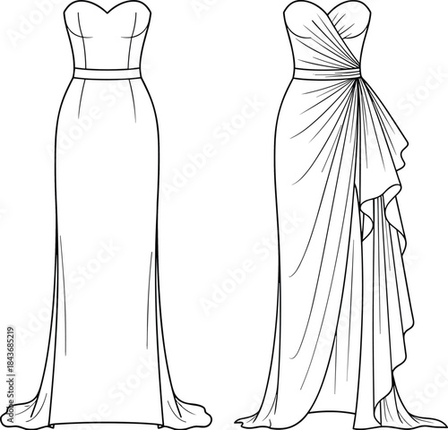 Technical Fashion Illustration Strapless Sweetheart Column Gown with Draped Side Overlays, Line Art CAD Drawing for Eveningwear, Bridal, Prom Dress Design Vector Template.