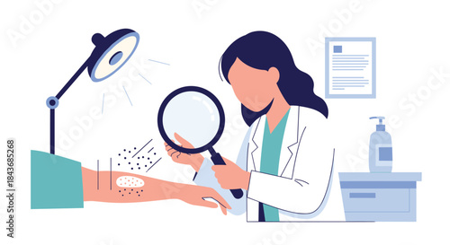 Female dermatologist using a magnifying glass under a bright lamp to examine a patient's skin for medical diagnosis.