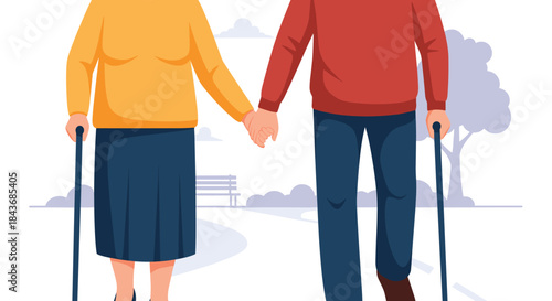 Loving elderly couple holding hands and walking together with canes in a park, enjoying their retirement and companionship.