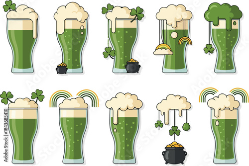 St Patricks Day themed vector art of green beer in pilsner glasses