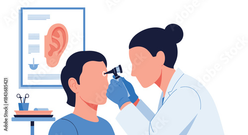 Female otolaryngologist using an otoscope to perform an ear examination on a male patient during a medical checkup.