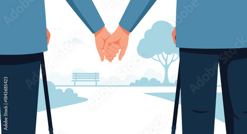 Close-up of an elderly couple holding hands while walking with canes in the park, a symbol of lifelong love and support.