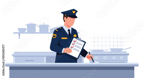 Uniformed police officer or inspector conducting a formal inspection and filling out a checklist on a clipboard in a restaurant kitchen.