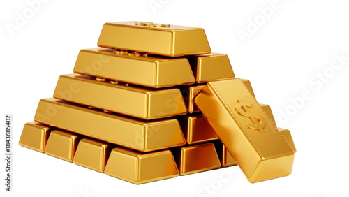 3D cartoon gold bars stacked neatly with shiny finish Isolated on Transparent background