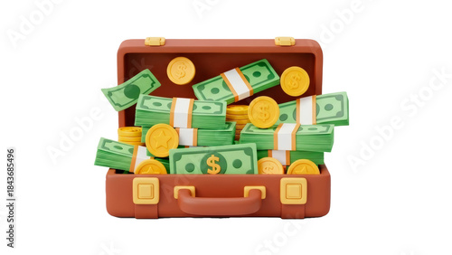 3D cartoon briefcase full of cash in vibrant style Isolated on Transparent background