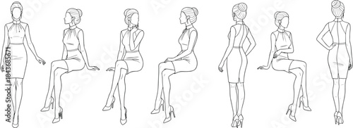 Woman poses, seated standing views, fashion sketch, dress figure, high heels, posture study, line drawing, flat vector illustration