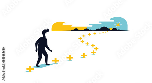 Man walking on a path of positive symbols, representing a journey of personal growth and progress towards a bright future.