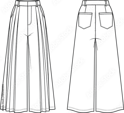 Wide-Leg Pleated Palazzo Pants Technical Fashion Illustration, High-Waist Trousers, Front Pleats Detail, Back Patch Pockets, CAD Drawing Apparel Vector Template.