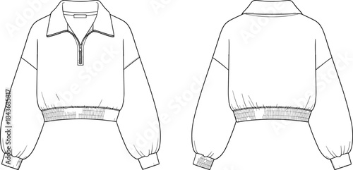 Women cropped pullover jacket technical flat sketch, front back view fashion illustration, long sleeve zip collar sweatshirt design drawing, apparel garment outline vector