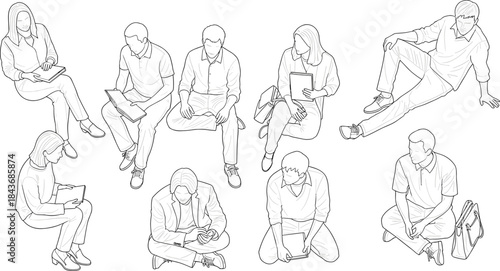 Reading people, seated poses, book tablet, casual study, learning posture, student sketch, line drawing, flat vector illustration