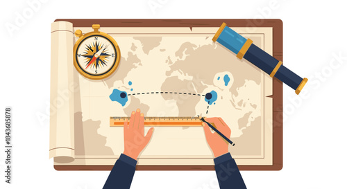 Hands of a cartographer drawing a travel route between continents on a world map with a compass and telescope nearby.