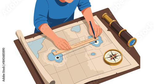 Top view of an explorer or cartographer using a ruler and pencil to plot a course between two islands on an old map.