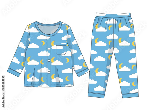 Blue pajamas with white clouds and yellow moons pattern