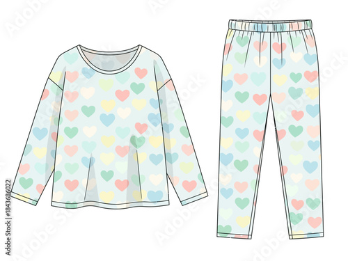 Flat sketch of longsleeved top and pants pajama set with heart print