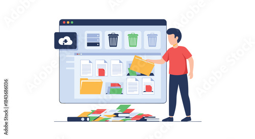 Man organizing his workflow by converting paper documents into digital files and sorting them into folders on a computer.