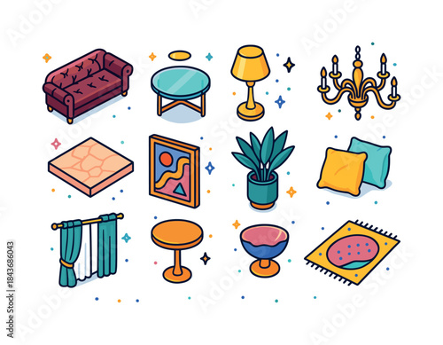 Luxury Living Room Icons. Luxury living room. Colorful isometric