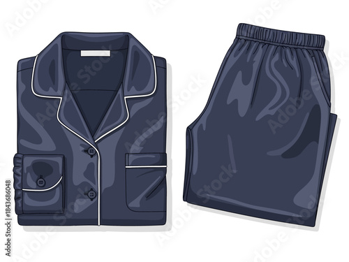 Folded dark blue satin pajama set with white piping detail