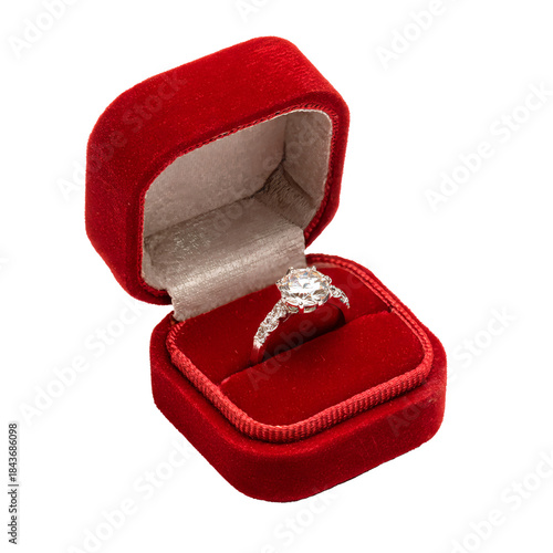 Engagement ring in velvet box for romantic proposals Isolated on Transparent background