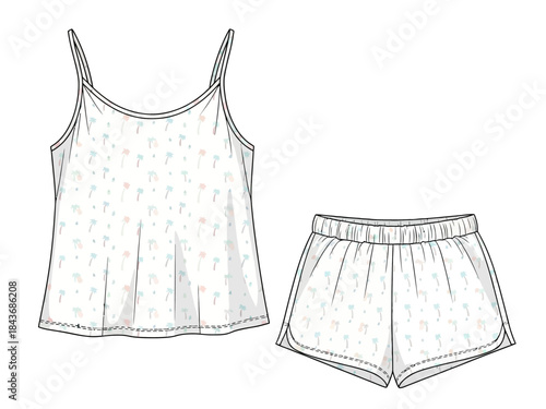 Pajama set flat sketch camisole top and elasticwaist shorts with palm print