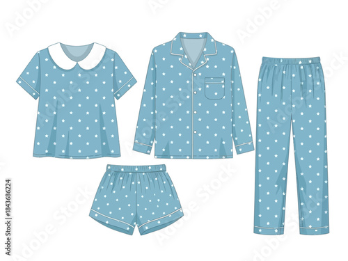 Set of blue starprint pajamas including a shortsleeve top longsleeve top shorts and pants