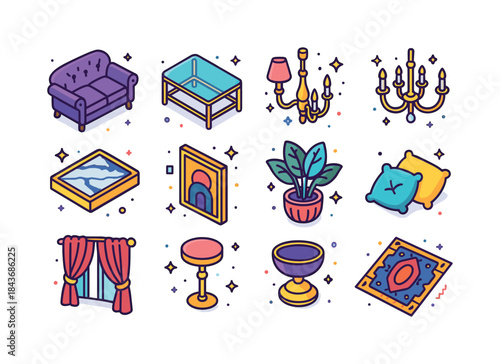 Luxury Living Room Icons. Luxury living room. Colorful isometric
