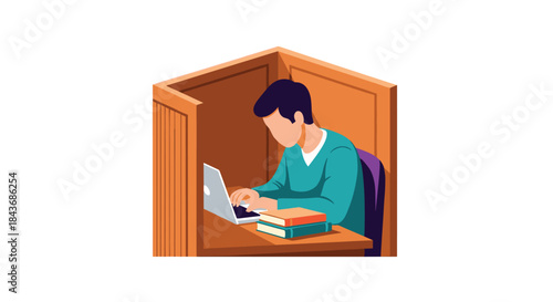 Young student focused on studying at a library carrel, working on a laptop with a stack of books for research or homework.