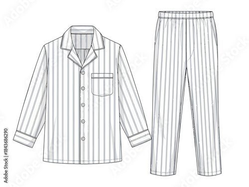 Technical drawing of a striped mens pajama set shirt and trousers