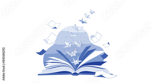 Origami paper cranes flying out from the pages of an open book, symbolizing imagination, freedom, and creativity in literature.