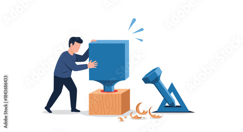 Conceptual illustration of a man focused on a simple task while unaware of a much larger, impending problem nearby.