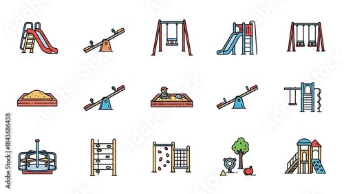 Playgrounds in a collection of assorted playground equipment