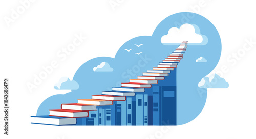Staircase made of books leading up to a cloud in the sky, a metaphor for achieving success and dreams through knowledge.