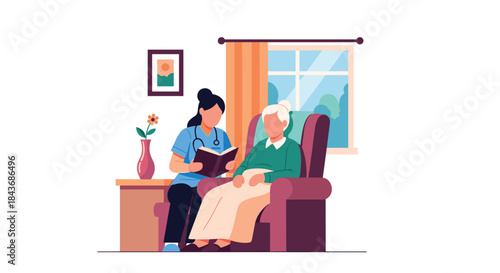 Caring female nurse or caregiver reading a book aloud to an elderly woman resting in a comfortable armchair at home.