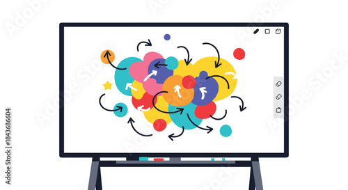 Whiteboard filled with a chaotic mind map of colorful circles and arrows representing a complex brainstorming session or idea.